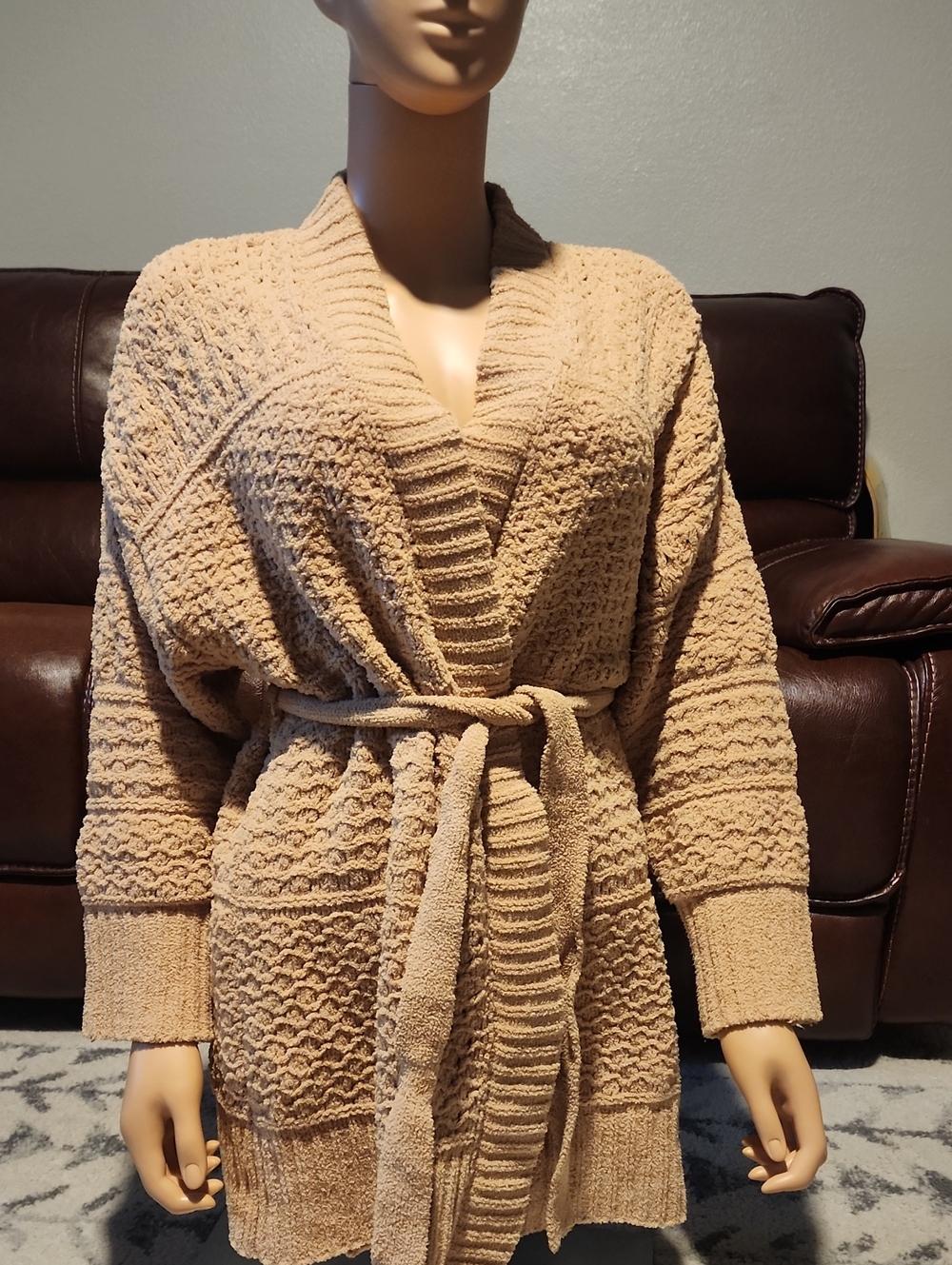 Wonderly Beige Soft Textured Knit Belted Cardigan